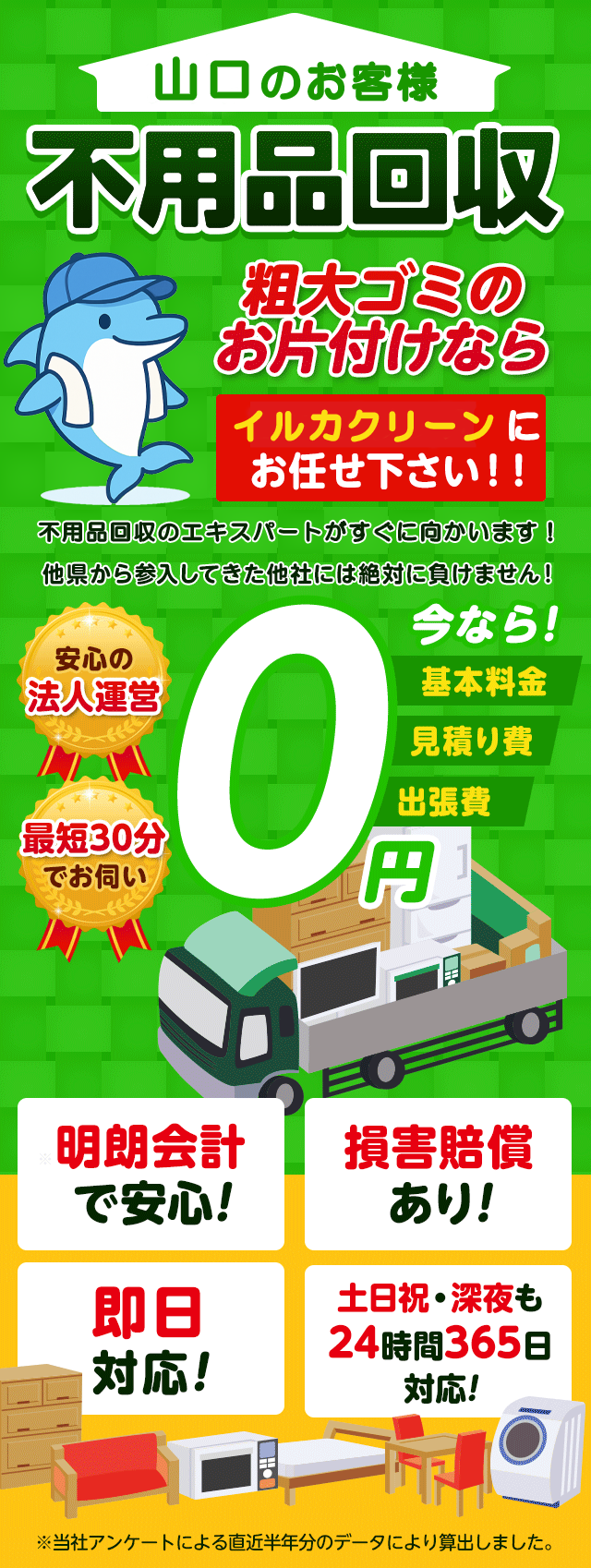 のお客様は不用品回収イルカクリーン山口にお任せ下さい！粗大ごみのお片付けもお任せ下さい。不用品回収のエキスパートたちが最短30分でお伺いいたします！他の県から参入してきた他社様には絶対に負けません！安心の法人運営で今なら基本料金・見積もり費・出張費が無料！！明朗会計で安心・損害賠償・即日対応・土日祝・深夜・24時間365日対応